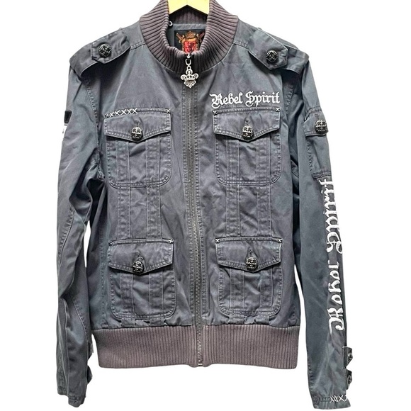 Rebel Spirit Jackets & Blazers - Rebel Spirit Vintage Zipped Unisex Jacket Gray with White Embellishments Medium